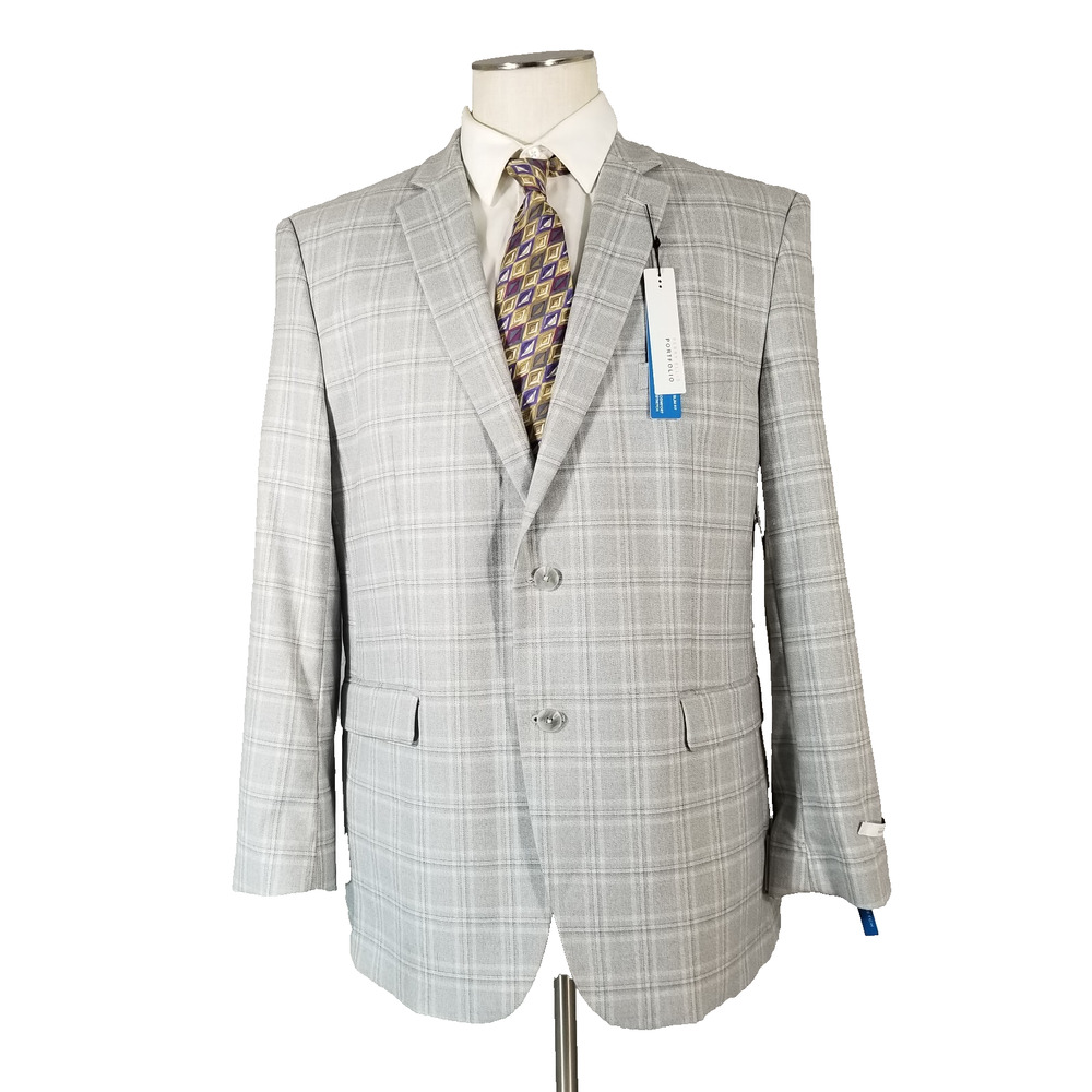 Perry Ellis sport coat suit jacket Blazer men's 44r gray plaid modern slim NEW